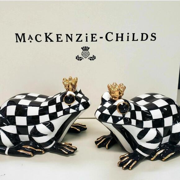MacKenzie-Childs Black and White Checkered Frog Figurines with Gold Accents - Picture 1 of 10